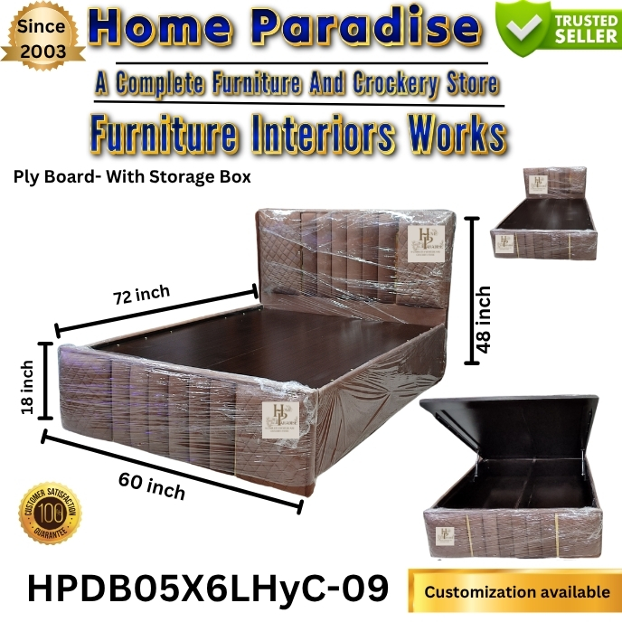 double bed plywood with laminate with hydraulic storage HOME PARADISE HPDB05X6LHYC-09.This image displays a magnificent double bed presented by Home Paradise, constructed from plyboard and featuring hydraulic storage. This bed is designed for domestic use, and its design is modern and comfortable. Key Features: Dimensions: The bed has a length of 72 inches and a width of 60 inches. The headboard height is 48 inches, and the bed frame height is 18 inches. Model Number: The model number for this double bed is HPDB05X6LHyC-09. • Design: The bed's headboard is contemporary and appealing, with multiple vertical raised panels that create a beautiful texture. This design gives it a premium and modern look. • Storage: The bed includes a hydraulic storage box, which provides a spacious and convenient area for keeping bedding or other items. Due to the hydraulic mechanism, it can be easily lifted. • Material: The bed is made from plyboard, making it strong and durable. It may have a laminate or Sunmica finish. This bed is an excellent combination of modern design, superior comfort, and advanced hydraulic storage capacity, making it a stylish and highly practical option for your bedroom. The plyboard material provides sturdiness, and hydraulic storage.