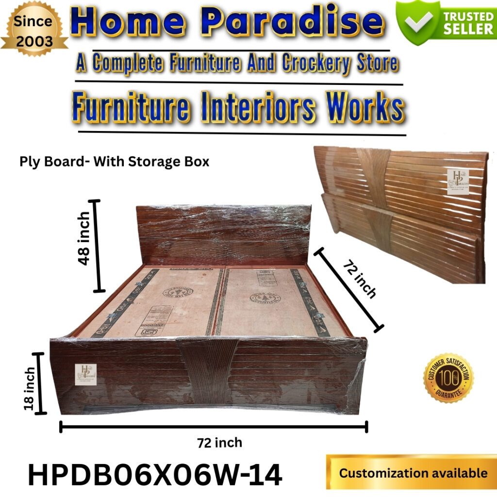 DOUBLE BED PLYWOOD HOME PARADISE HPDB06X06W-14.This is a beautiful ply board wooden double bed by Home Paradise with a storage box. This is a stylishly comfortable, home bed. Key Features: • Dimensions: The bed measures 72×72 inches in length and width. The headboard height is 48″ and the bed frame height is 18″. • Model Number: The model number of this double bed is HPDB06X06W-14 • Material: His bed’s made of ply board, so he’s solid! • Storage: It includes a storage box, which provides a spacious and convenient place to store bedding or other items. • Design: The bed's headboard is contemporary and attractive, with several raised vertical panels that create a beautiful texture. • Customization: The "Customization Available" tag indicates that customers can customize the color and other features according to their preferences. Home Paradise Reliability: • Home Paradise is a "Trusted Seller" and offers a "100% Customer Satisfaction Guarantee". It’s been serving it up since 2003. This bed is the perfect blend of contemporary style, amazing comfort and storage — a chic and incredibly functional choice for your bedroom.
