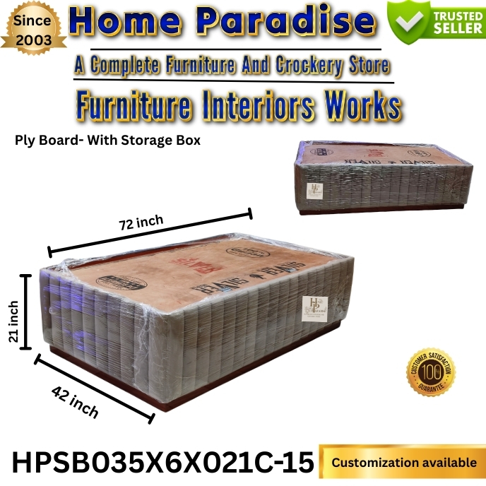 SINGLE BED HOME PARADISE HPSB035X6X21C-15 Product details: It’s a one bed plyboard box. It has great design, minimal and utilitarian. Best of all, this bed includes a storage box which is incredibly handy for city homes and space crunches. So, in Indian households where space is of the utmost concern, these types of storage beds are extremely popular! FOLDS DOWN FLAT TO SAVE SPACE - People can store their additional clothes, bedding and other seasonal items in it and keep the house neat. The measurements are quite explicitly provided: Length: 72 inches (6 feet) Width: 42 inches (3 1/2 feet) Height: 21 inches (1.75 feet) Model Number: HPSB035X6X21C-15 These are the common dimensions that are enough for someone to sleep comfortably. 72 inches is perfect length for an average Indian and 42 inches width is spacious enough for a single person. Its 21-inch height maintains it a comfortable distance from the floor, facilitating ease of entry and exit from the bed.