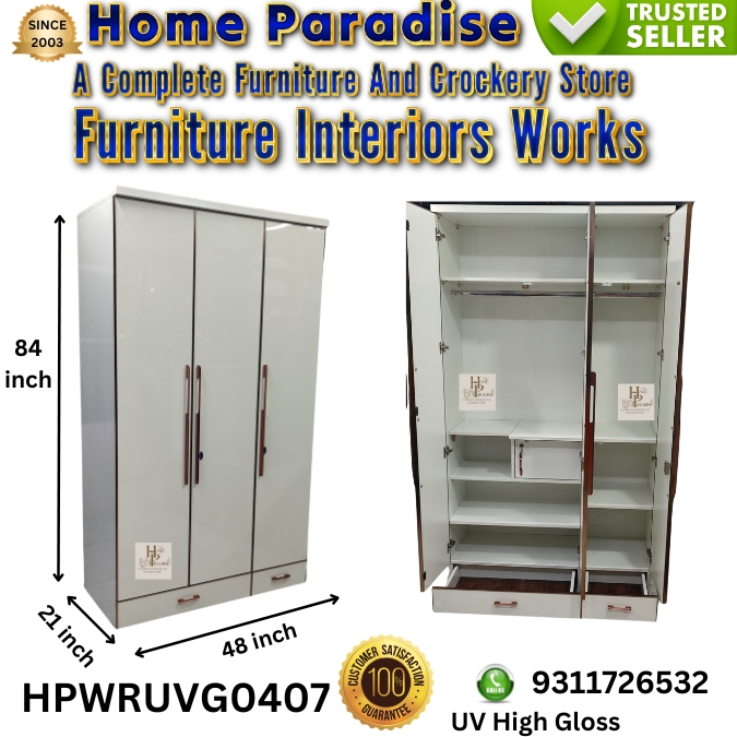 WOODEN WARDROBE 🪑✨ Home Paradise – Premium Wooden Wardrobe (Model: HPWRUVG0407) ✨🪑 If you want to give your bedroom a modern, stylish, and well-organized look, then this Premium Wooden Wardrobe from Home Paradise is a perfect choice for you. This wardrobe offers the ideal combination of beautiful design, strength, and practicality. It is crafted with a UV High Gloss finish, which gives it a shiny and elegant appearance while keeping it looking new for a long time. The finish is not only visually appealing but also very easy to clean and maintain. 📐 Size Details: ✔ Height: 84 inches ✔ Width: 48 inches ✔ Depth: 21 inches From the inside, this wardrobe is highly spacious and smartly designed. It features a strong hanging rod for clothes, multiple shelves for folded garments, and additional storage drawers at the bottom, ensuring all your essentials stay neatly organized in one place. 🔒 The use of strong materials and high-quality fittings makes it long-lasting and reliable. Smooth door handles and premium hardware further enhance its royal and elegant look. 🏠 Home Paradise has been winning customers’ trust for many years and is known as a “Trusted Seller.” Every product is delivered to customers only after thorough quality checks. If you are looking for a stylish, durable, and premium wardrobe for your home, this model is a perfect choice for your bedroom. 📞 For orders or more information, contact: 9311726532 ✨ Home Paradise – Where quality and trust go hand in hand.