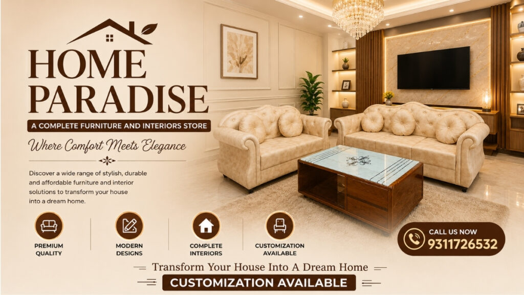 MAHARAJA SOFA SET ✨Treat your home with royal appearance and luxurious coziness only with Home Paradise! ✨ If you have a taste to make your living room look spectacular and premium, where style, comfort and elegance collides, then Home Paradise presents to you a Gorgeous and Premium Sofa Set Collection. This beautiful cream modern sofa set will make your home even more beautiful and immediately capture the attention of each visitor that enters. And with the classic design, soft cushioning, and premium finish, this sofa set offers your home that luxurious hotel-like feel. The fashionable center table that comes with the set also makes your living room look more appealing and contemporary. Be it family time, hosting guests or revamping your interior theme — this set is ideal for all. Home Paradise doesn’t only furnish your dream home, we help make it a reality. We provide contemporary, traditional and bespoke designs made to your space and specification. We unite quality, comfort and style to fashion your home a distinctive personality. ✔ Premium Quality Material ✔ Stylish & Modern Designs ✔ Comfortable Seating Experience ✔ Complete Furniture & Interior Solutions ✔ Customization Available According To Your Choice ✔ Durable Finish & Elegant Look If you want Sofa Sets, Beds, Dining Tables, Wardrobes, TV Units, Modular Furniture or Complete Interiors for your home then Home Paradise is just the place! Here you’ll discover class and quality and trust in every design. Take a trip to home paradise today and revitalize your home, selecting the furniture of your dreams. ✨ Because your house isn’t a home, it’s your personality. ✨ 📞 Contact Us: 9311726532 🏠 Home Paradise – A Complete Furniture & Interiors Store 🎨 Customization Available According To Your Requirement